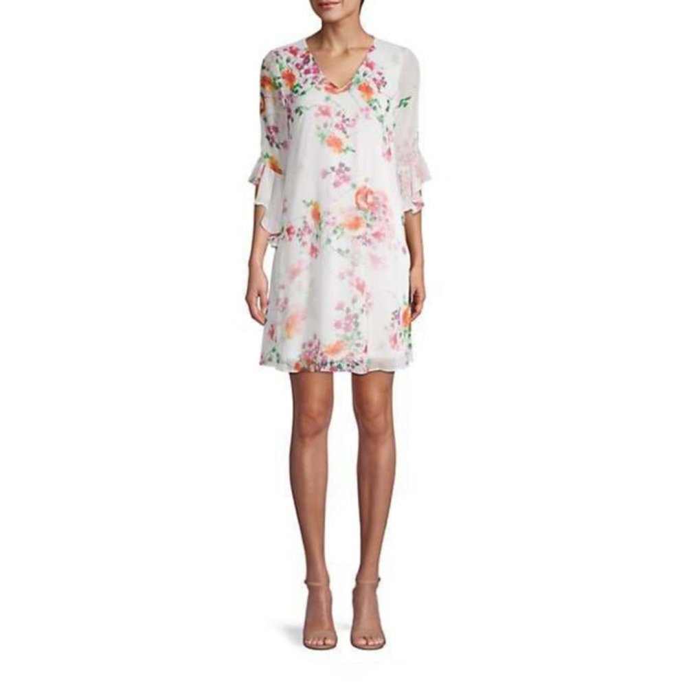 NWT Calvin Klein Summer Floral Bell-Sleeve Shift, White, Pink Dress